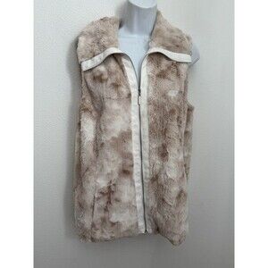 Chico's Vest 1 Women's Medium Faux  Rabbit Fur Brown Ivory Zip Up Soft